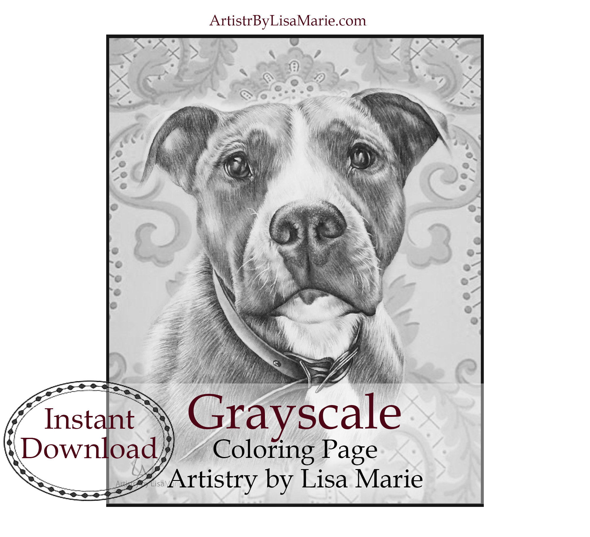 Craft supplies instant download pitbull dog coloring pdf adult coloring book page
