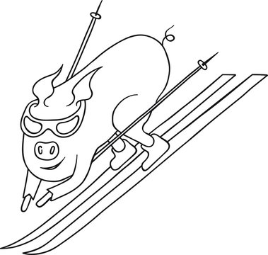 Free hand vector illustration of happy cartoon pig sliding down a slope slalom skiing racing cute kawaii funny character coloring page adults sport illustration for motivation vector