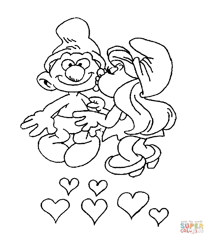 Dibujo de sassete la pitufina besa a un pitufo para colorear dibujos para colorear imprimir gratis