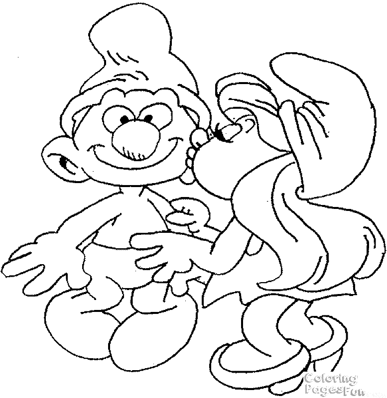 Dibujo de sassette pitufina besando a un pitufo para colorear