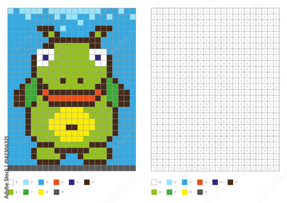 Coloring book with numbered squares kids coloring page pixel coloring green dragon vector illustration vector