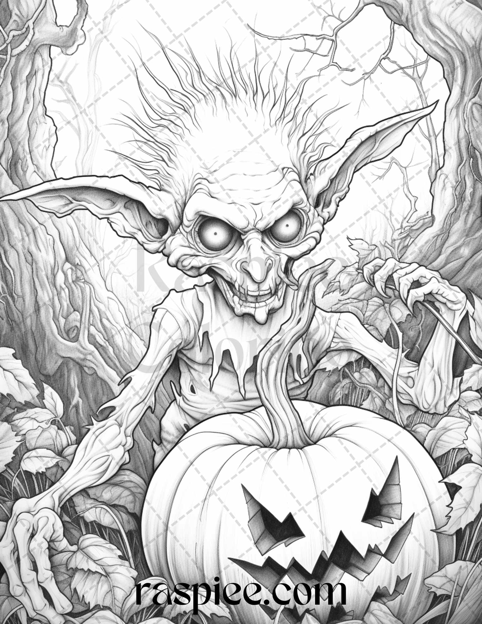 Halloween goblin grayscale coloring pages printable for adults pdf â coloring