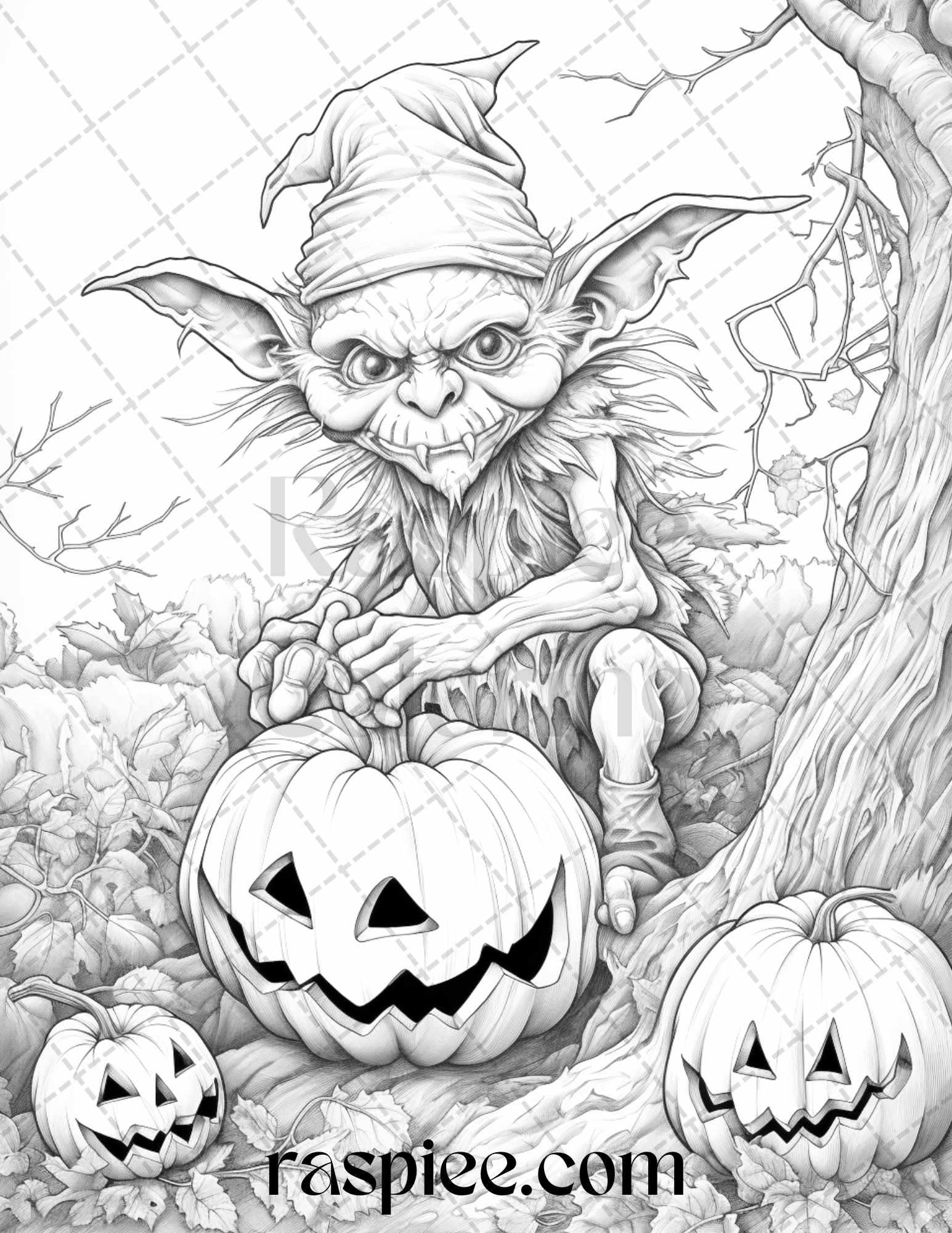 Halloween goblin grayscale coloring pages printable for adults pdf â coloring