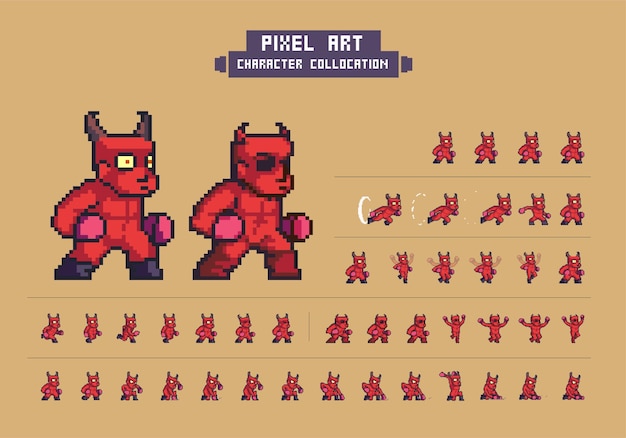Premium vector bit retro pixel art goblin character and animation sprite sheets for arcade games