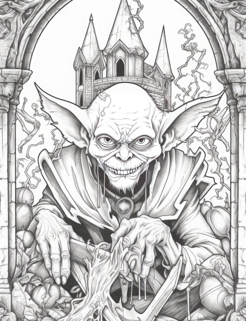 World of goblins premium coloring page printable goblin adult fantasy colouring pages book instant download grayscale illustration