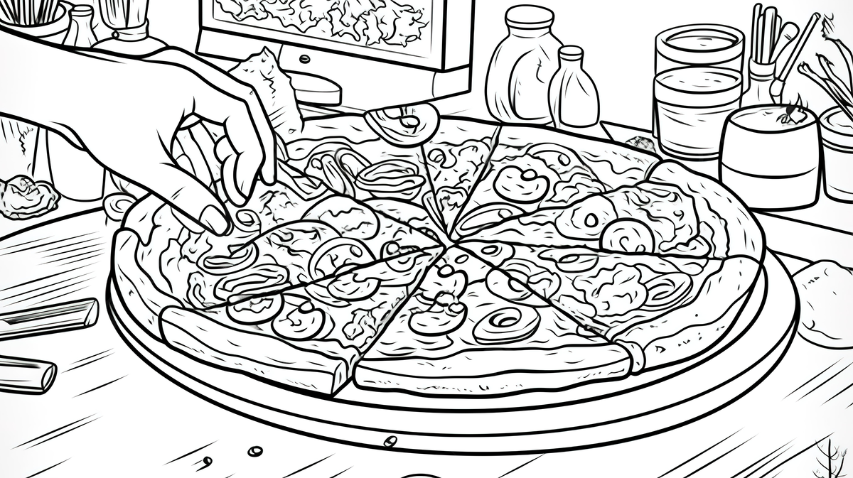 Coloring page with a pizza with a hand eating on it background pizza coloring picture pizza food background image and wallpaper for free download