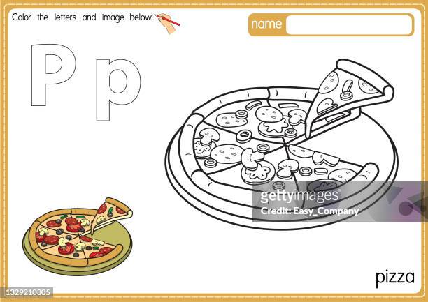 Vector illustration of kids alphabet coloring book page with outlined clip art to color letter p for pizza high