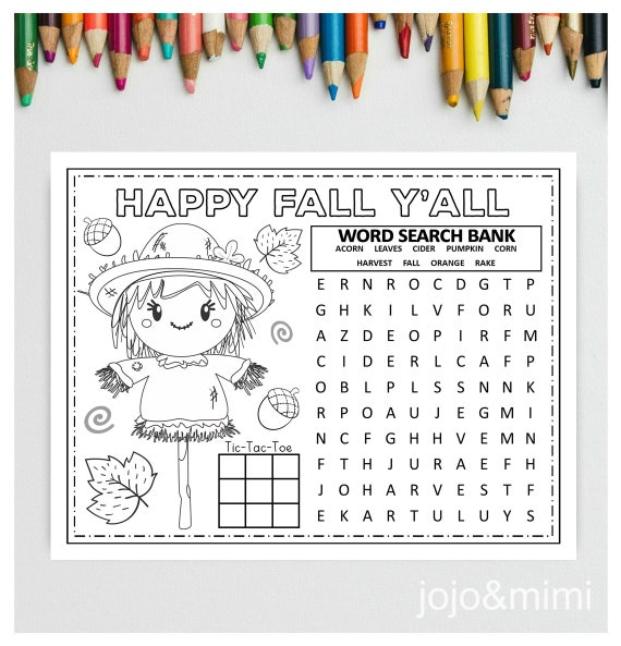 Happy fall yall printable placemat activity fall coloring page word search autumn placemat scarecrow instant download