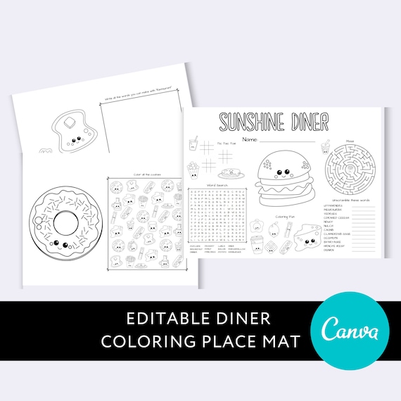 Editable restaurant place mat coloring page pretend play diner activity canva template