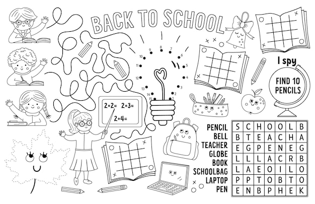 Premium vector vector back to school placemat for kids fall printable activity mat with maze coloring page