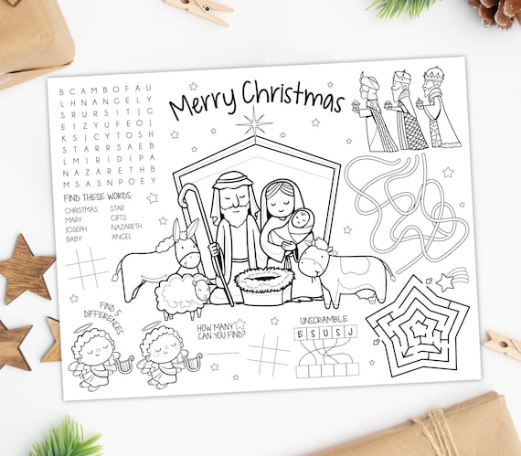 Nativity coloring placemat digital xmas holiday table activity christmas kids coloring page printable file instant download b