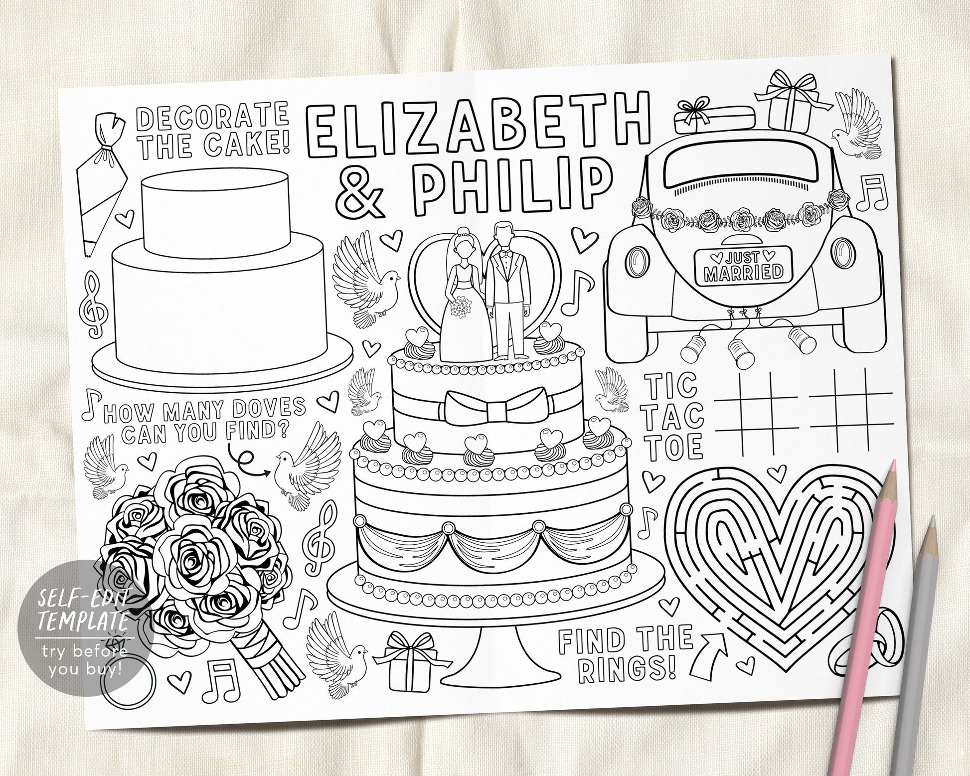 Wedding coloring placemat for kids editable template personalized act â puff paper co