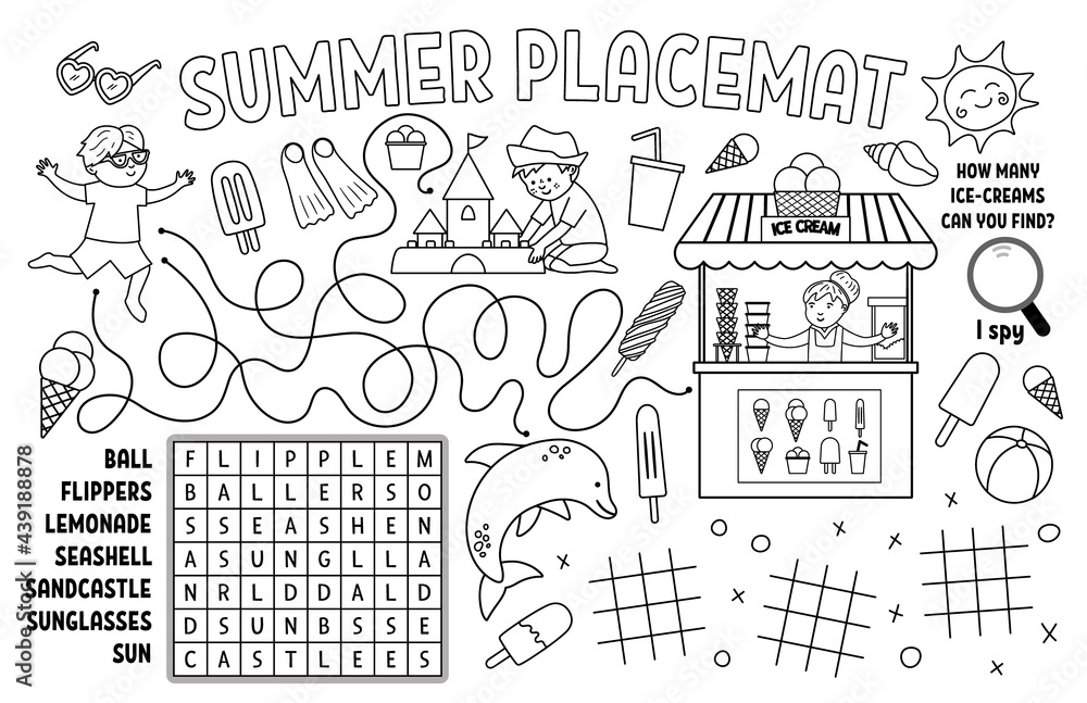 Vector summer placemat for kids beach holidays printable activity mat with wordsearch tic tac toe charts maze black and white play mat or coloring page with cute children ice