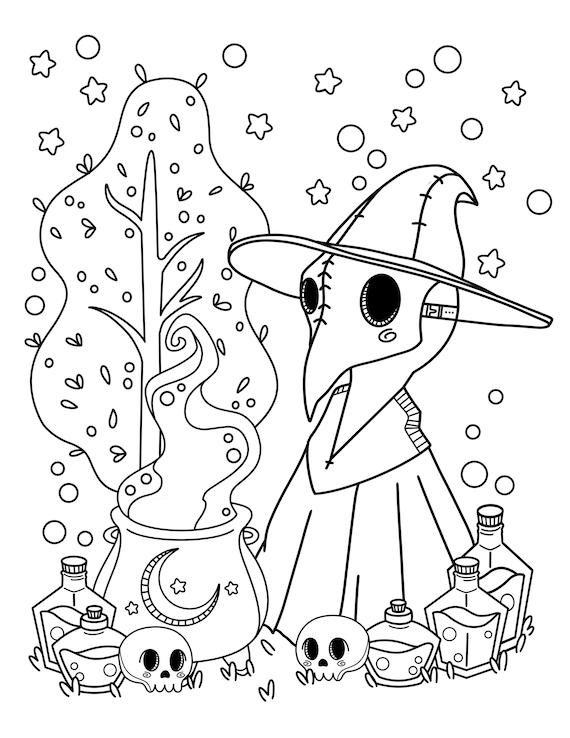 Plague doctor kawaii coloring page witch coloring page creepy kawaii coloring page witchy art printable