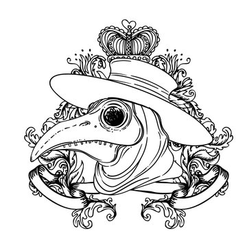 Vector gothic illustration of plague doctor tattoo art sketchy style medieval venetian scary bird mask alchemy tattoo art t