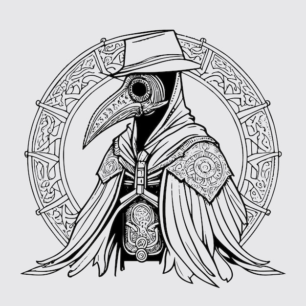 Premium vector plague doctor in full attire beak mask and robe holding a lantern standing in desolate landscape
