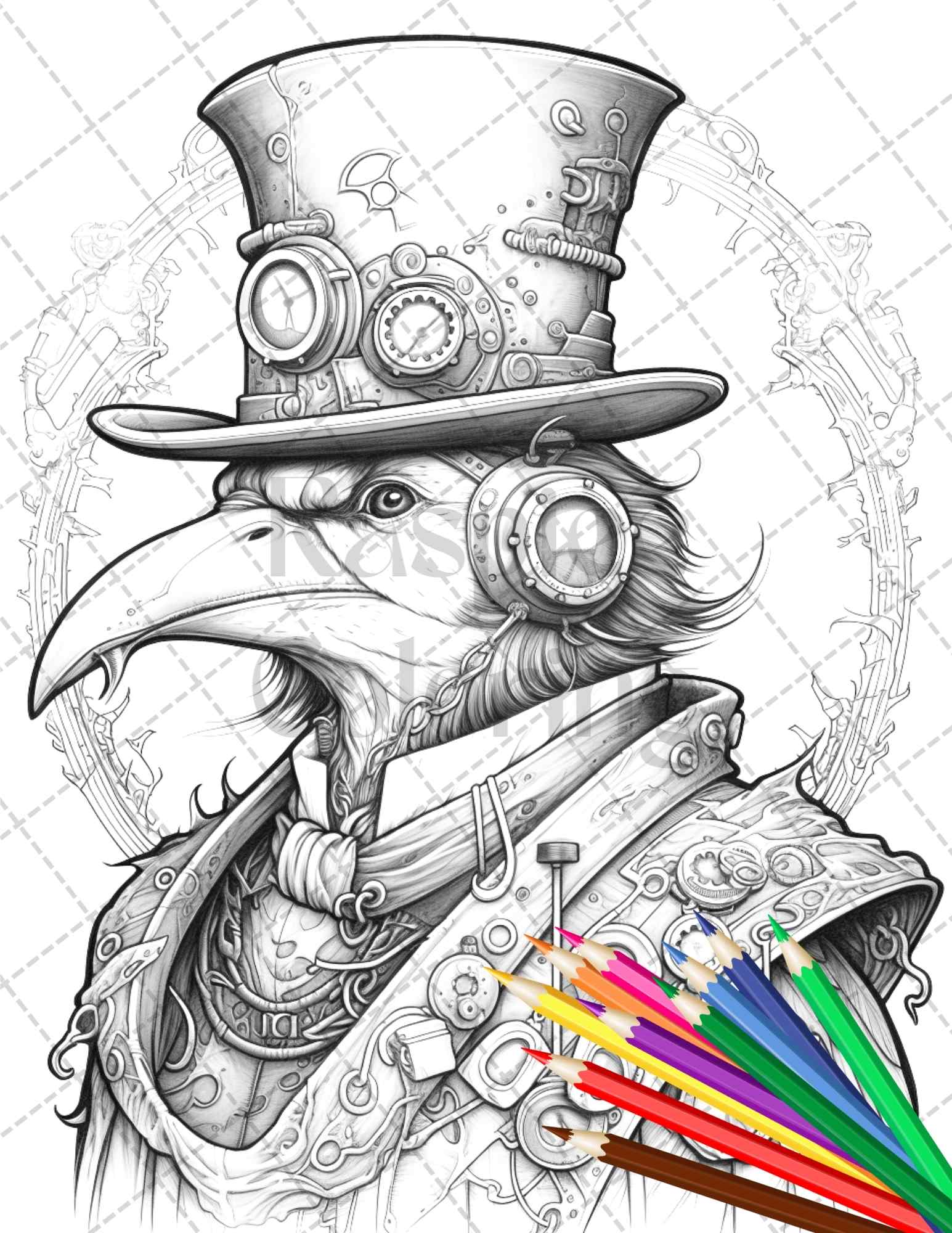 Steampunk animals grayscale coloring pages printable for adults pd â coloring