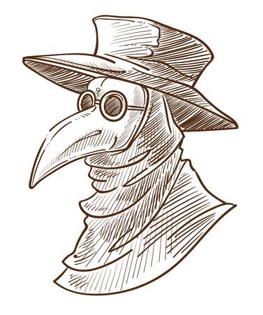 Medieval death symbol plague doctor mask isolated sketch crown neck goggles or glasses hat and hood ancient surgeon head portrait drawing disease and illness evil mascot masquerade or halloween ù ùùø øªøµù ùù ù