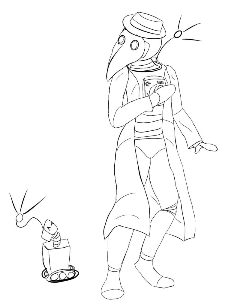 Plague doctor and robot pet coloring page