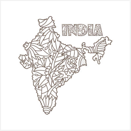 Doodle india map isolated eco design coloring page book hand drawn line art sketch vector stock illustration eps