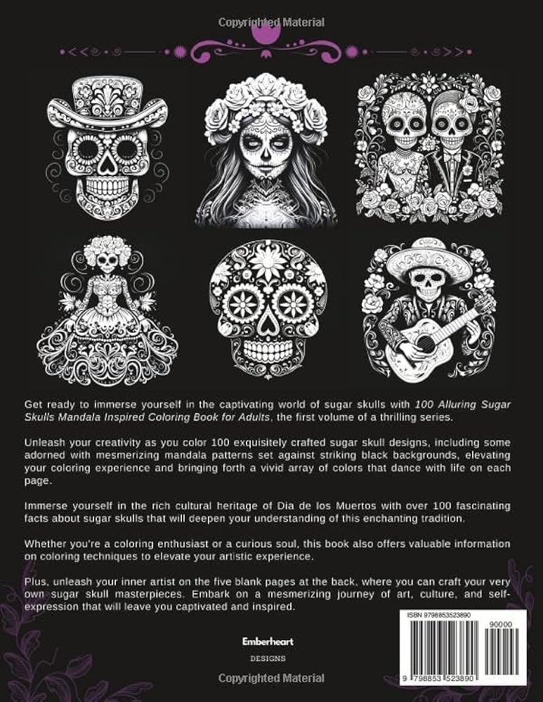 Alluring sugar skulls volume mandala inspired coloring book for adults with black backgrounds midnight edition perfect for adults teens sugar skulls coloring book collection emberheart lucius designs