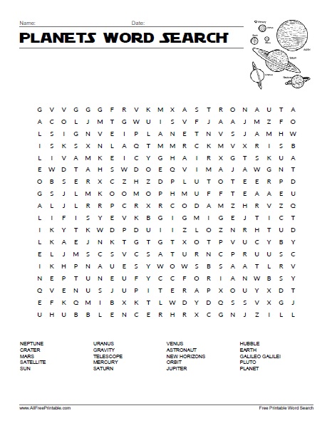 Planets word search â free printable