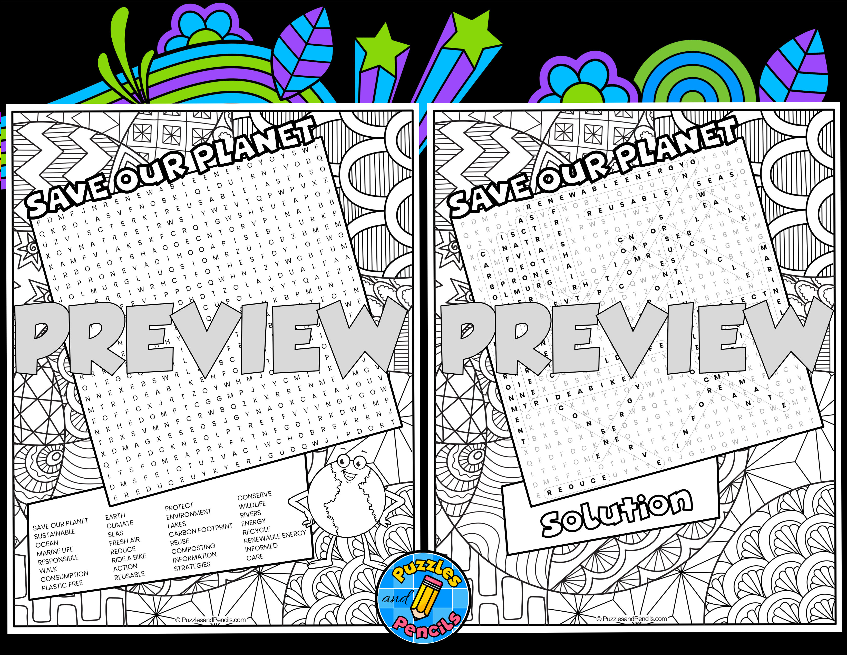Save our planet word search puzzle with colouring earth day wordsearch teaching resources