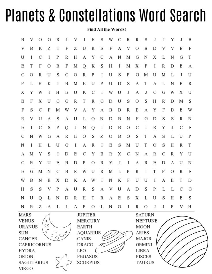 Planets and constellations word search