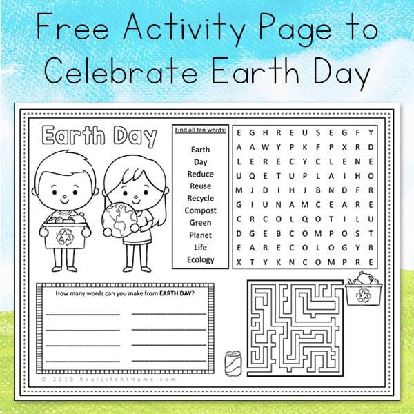 Earth day activity page or placemat for kids free printable