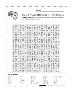 Stars planets word search printable word searches