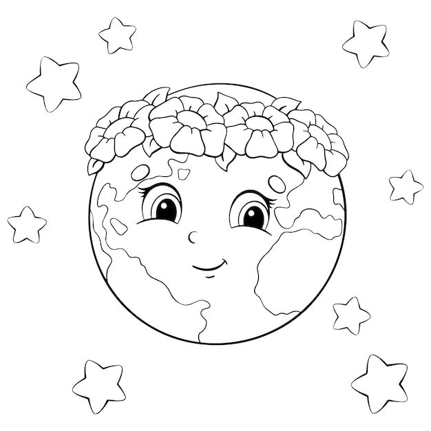 Planeta tierra en una corona de flor pãgina de libro para colorear para niãos vector premium