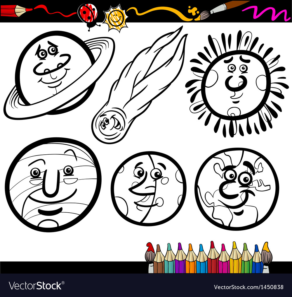 Cartoon planets and orbs coloring page royalty free vector