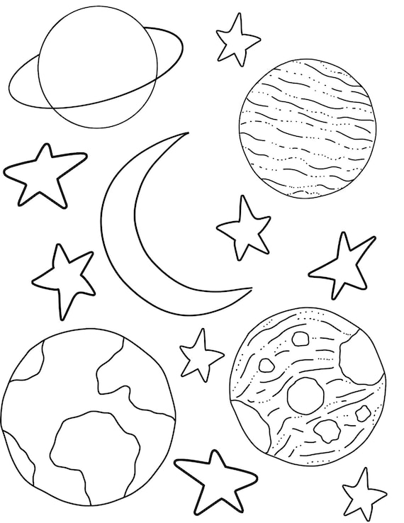 Coloring page digital download planets and stars
