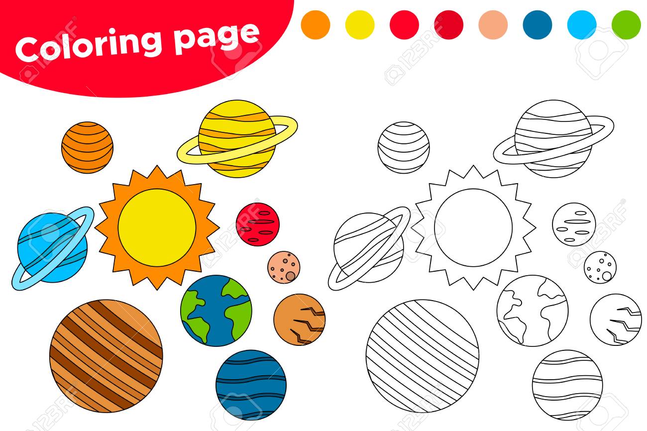 Educational game for preschool kids printable coloring page or book cartoon solar system vector illustration royalty free svg cliparts vectors and stock illustration image