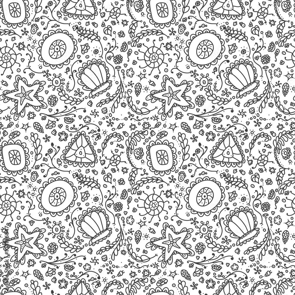 Handmade seamless pattern or background with abstract protozoa or abstract plankton in black white for coloring page or relax coloring book vector