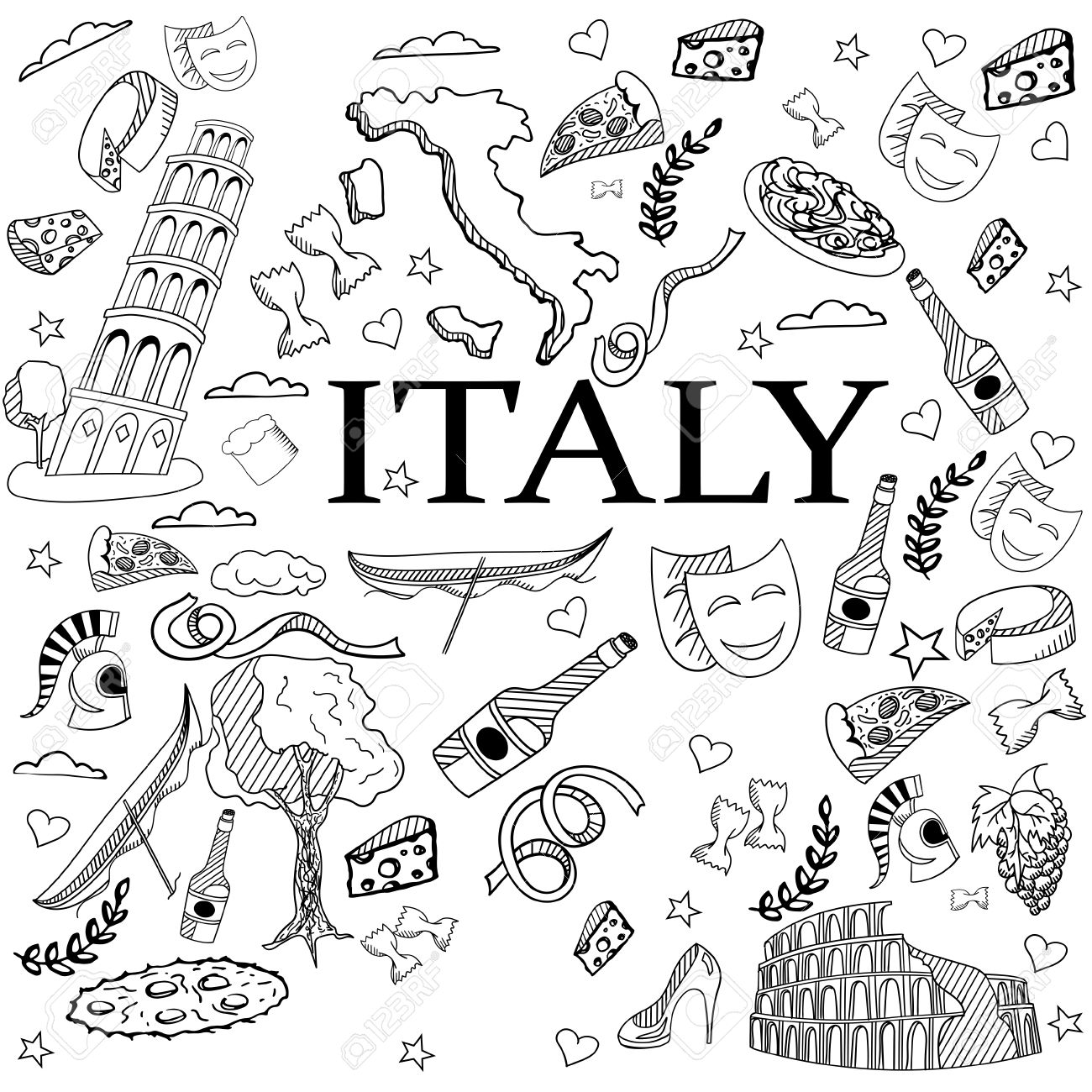 Italy coloring book line art design vector illustration separate objects hand drawn doodle design elements royalty free svg cliparts vectors and stock illustration image