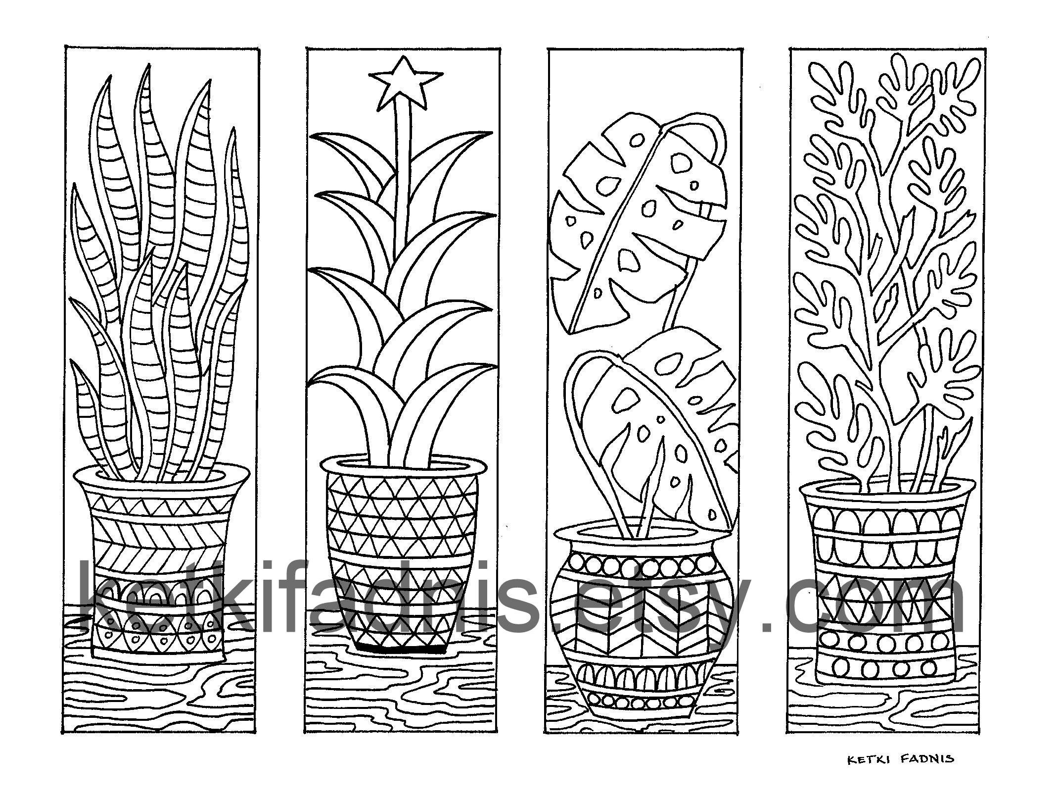 Plants coloring bookmarks bookmarks coloring page instant pdf download digital download hand drawn pdf coloring page