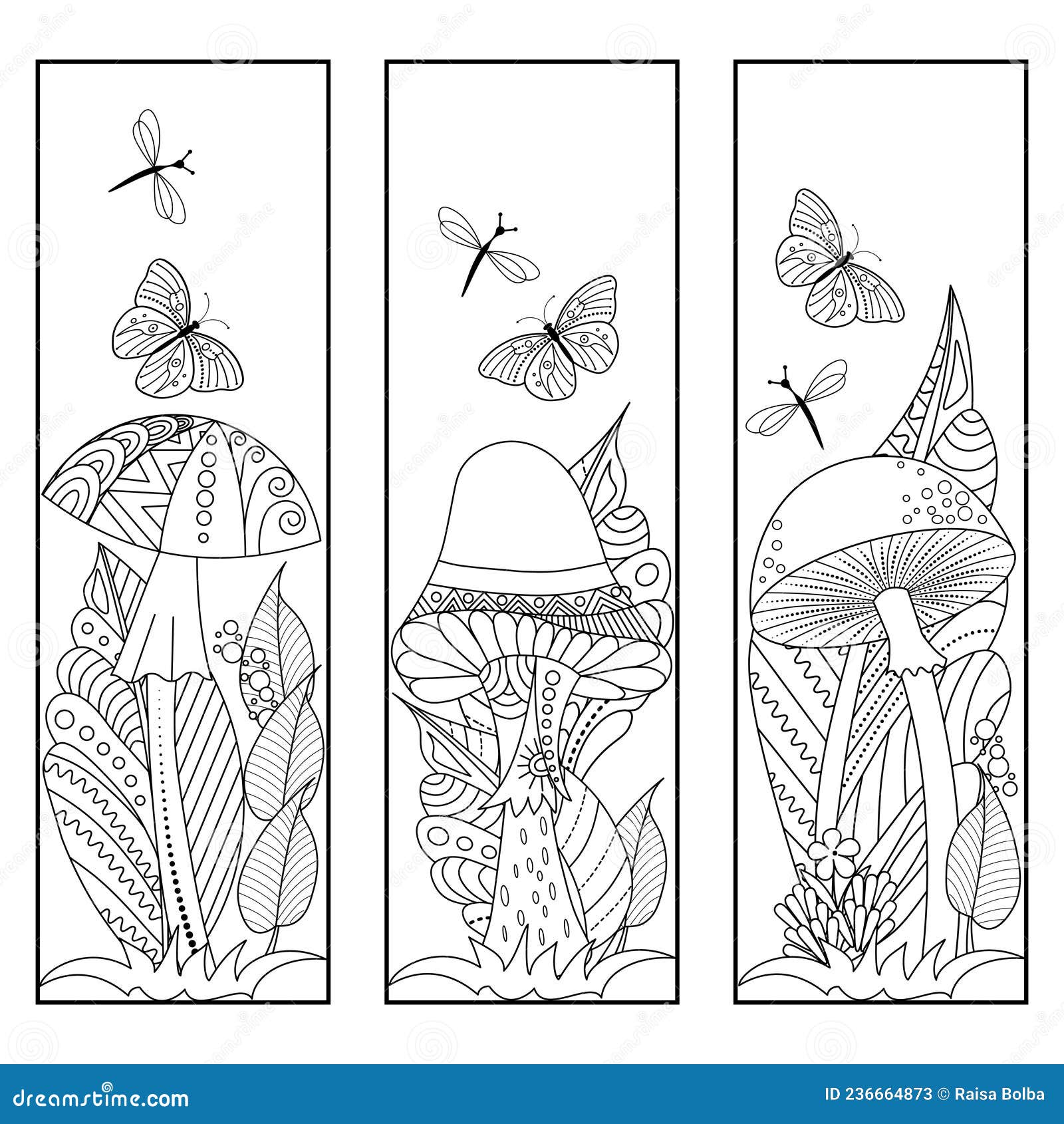 Bookmark template design with mushrooms flowers and leaves on a white background coloring book for children and adults stock vector