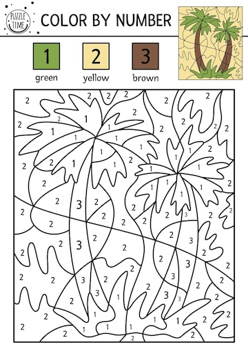 Premium vector vector tropical color by number activity with palm tree summer coloring and counting game with cute exotic funny jungle coloration page or printable worksheet for kids xa