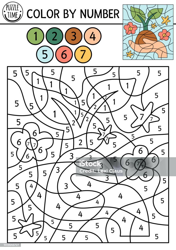 Vector ecological color by number activity with hands holding plant eco awareness scene black and white counting game with cute sprout earth day coloring page for kids stock illustration