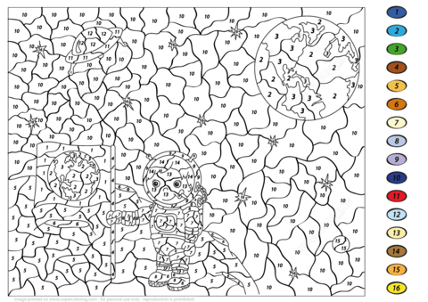 Astronaut boy plants a flag of the earth on the moon color by number free printable coloring pages