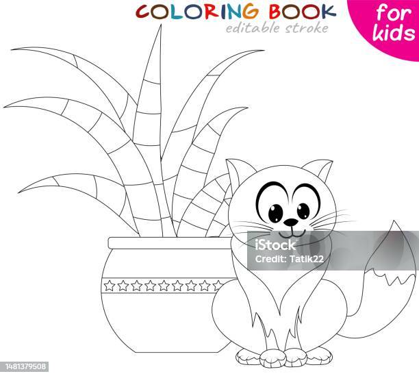 Cat is sitting next to a potted plant coloring book page template for children stock illustration