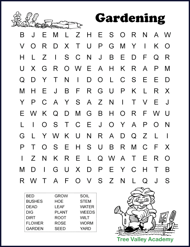 Printable gardening word search for kids