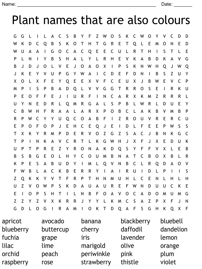 Plant names that are also colours word search