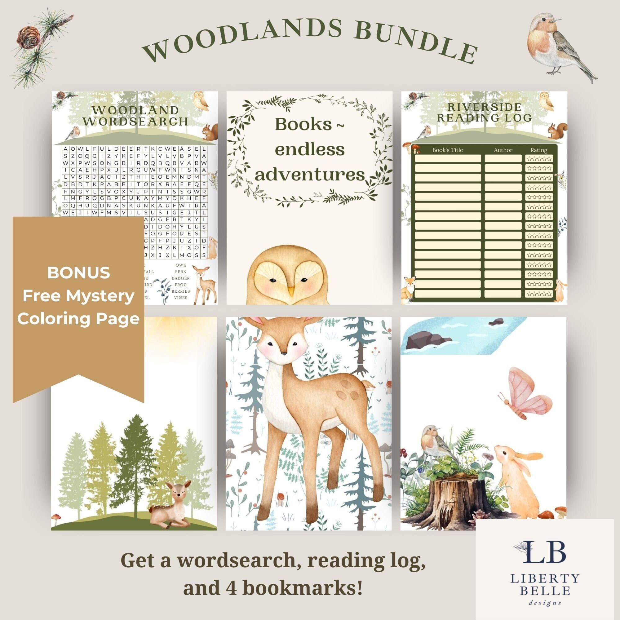 Printable word search reading log set of bookmarks woodlands theme free bonus mystery coloring page book tracker word puzzle