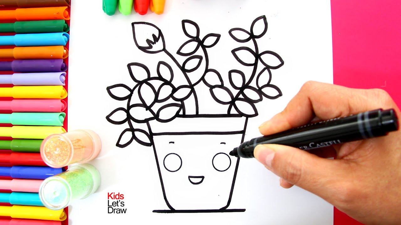 Cão dibujar una planta en aceta kawaii con brillantina how to draw a glitter flower pot