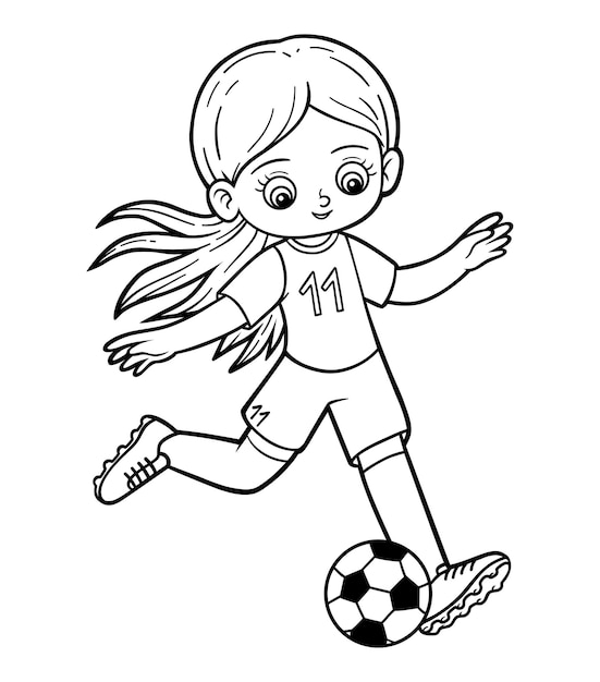 Libro para colorear para niãos jugadora de fãºtbol con pelota vector premium