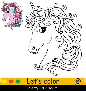 Bonita cabeza unicornio rosa pãgina de libro para colorear con plantilla de color ilustraciãn de dibujos animados vectorial para niãos colorear tarjeta impriãn diseão decoraciãn y rompecabezas imagen vector de stock