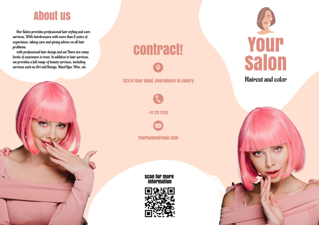 Plantilla servicios de salãn de belleza con mujer joven con cabello rosado en lãnea de folleto trãptico