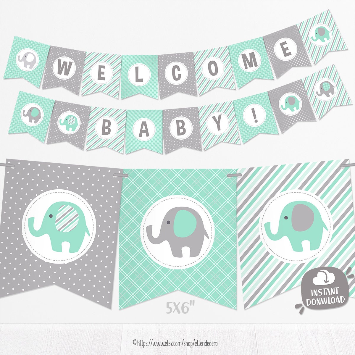 Banderines baby shower elefante verde menta guirnalda bebã banderola decoraciãn baby shower verde y gris gãnero neutro imprimible